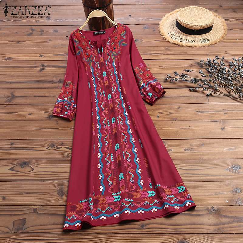 ZANZEA Women Bohemian Dress Autumn V Neck 3/4 Sleeve Floral Printed Sundress Femme Robe Split Hem Beach Vestido Vintage Dresses alx