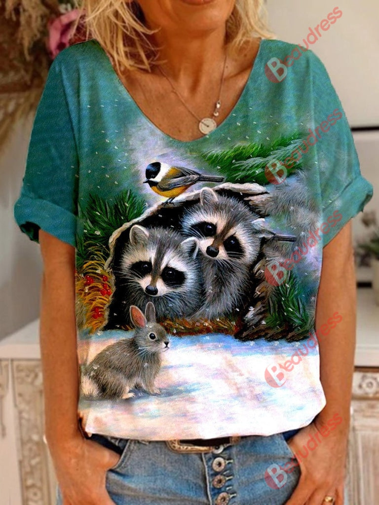 Raccoon Rabbit Cute Print T-shirt