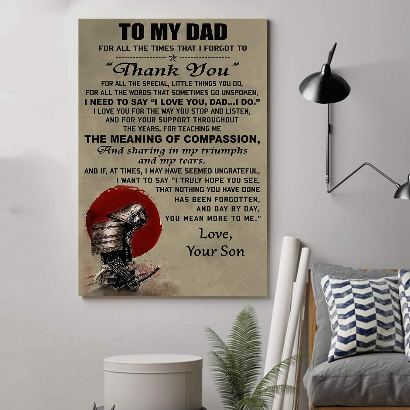 Poster for Room Aesthetic – Command Strips Wall Decor – Qh113 Customizable Samurai Poster- Son to Dad – I Love You