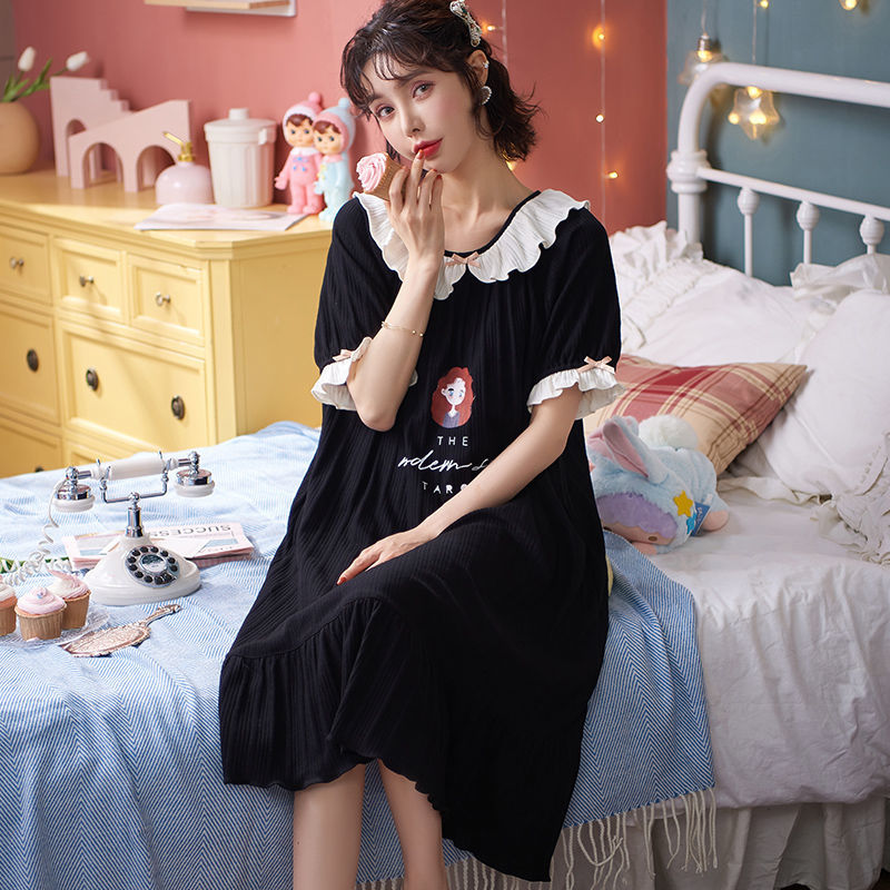 Women Short Sleeve Nightgowns Print Ruffles Teen Ulzzang Sweet Lovely Loose Cozy Leisure Fairy Retro Sleepshirts Basic Stylish alx