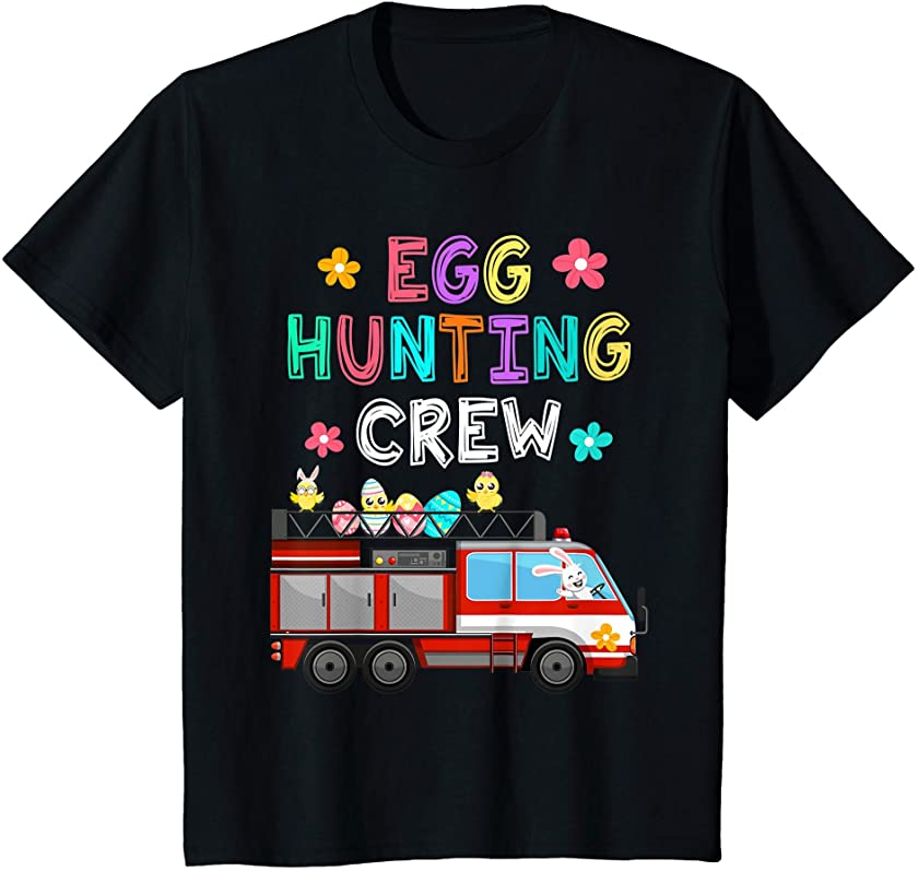 Kids Happy Easter Bunny Firetruck Easter Egg Hunting Crew Kids T-Shirt