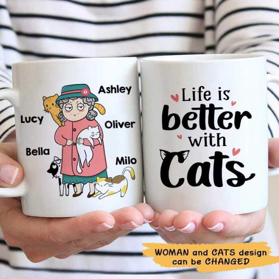 Chibi Old Woman Life Better Cat Personalized Mug