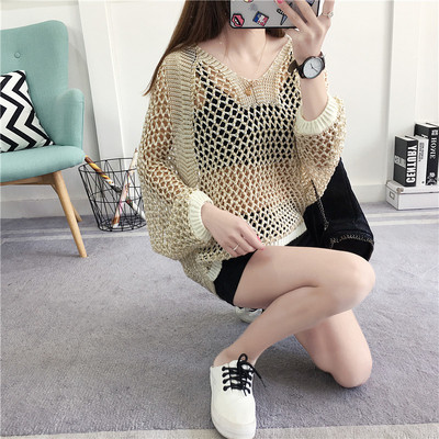 Casual Loose Korean Style Women Tops Hollow O-neck Long Sleeve Jumper Ladies Pullover Casual Casual Female Knit Sweater alx