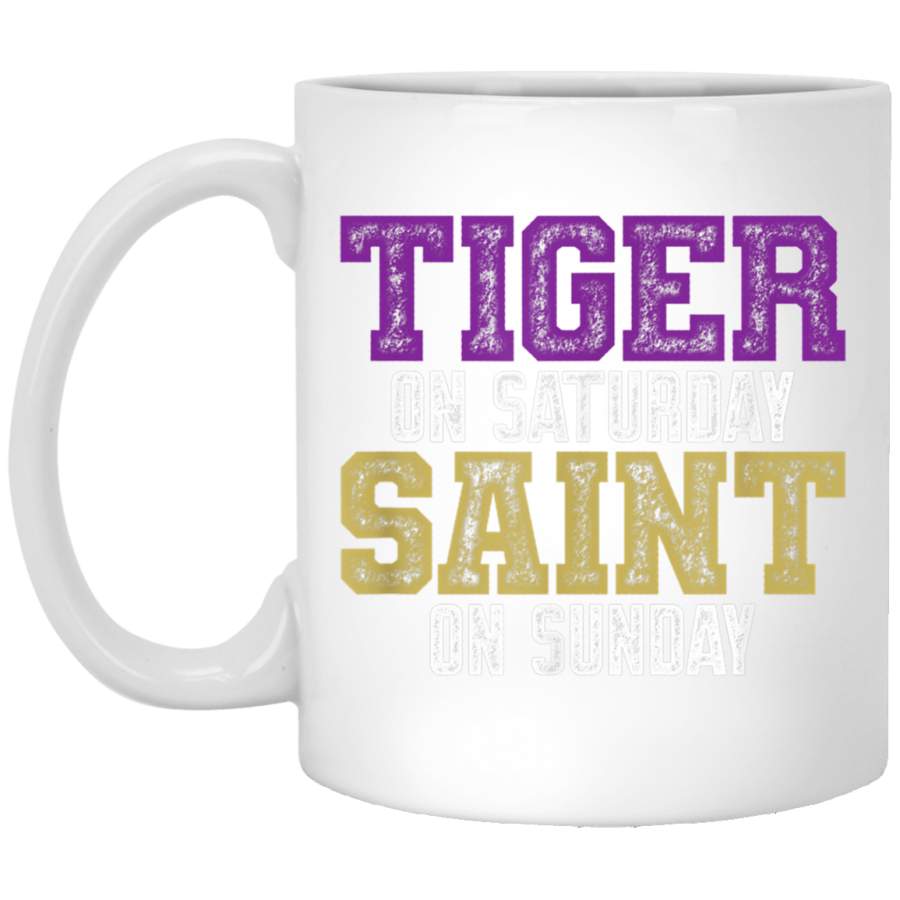 Tiger on Saturday Saint on Sunday Louisiana Football Apparel White Mugs