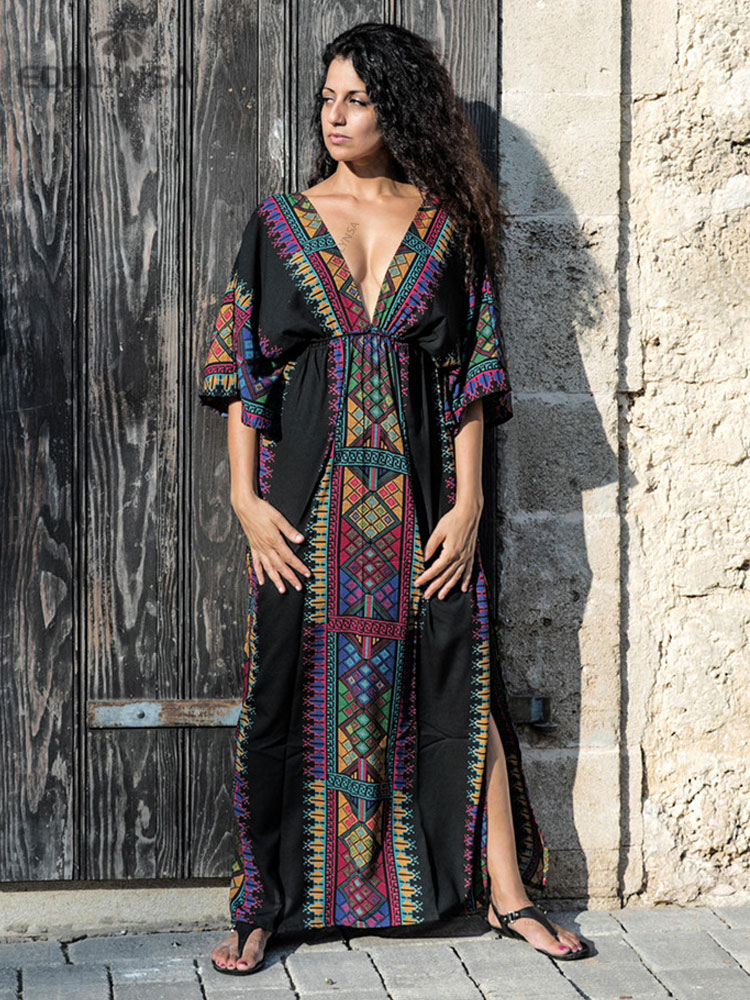 2022 Summer Women Tunic Beach Wear Sexy Plunging Neck V Back Side Split Black Indie Folk Embroidery Kaftan Dress Vestidos Q645 alx