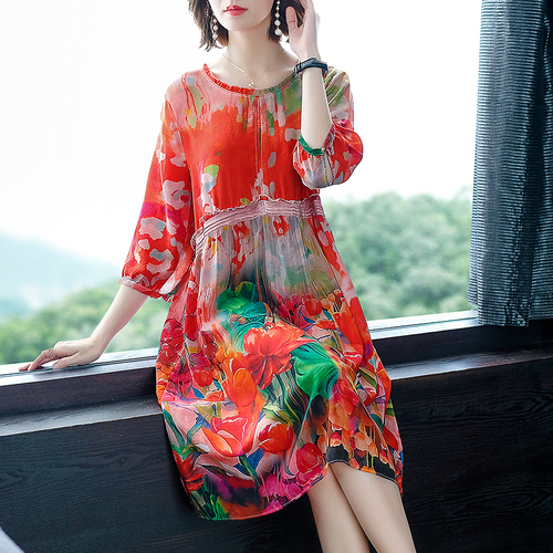 2022 Spring Summer Red Natural Silk Midi Dress Vintage Print Runway Dresses Elegant Women Bodycon Party Evening Vestidos alx