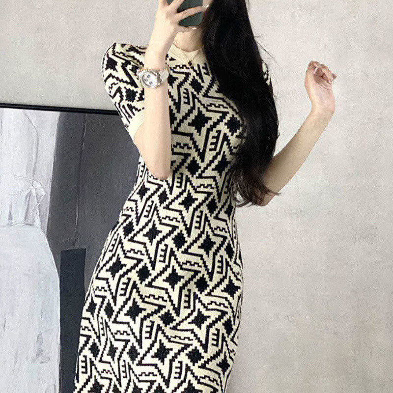 Vintage Jacquard Knitted Sweater Mini Dress Women’s Summer Elegant Fashion Casual Short Sleeve Sweet Chic Slim Dresses Clothing alx