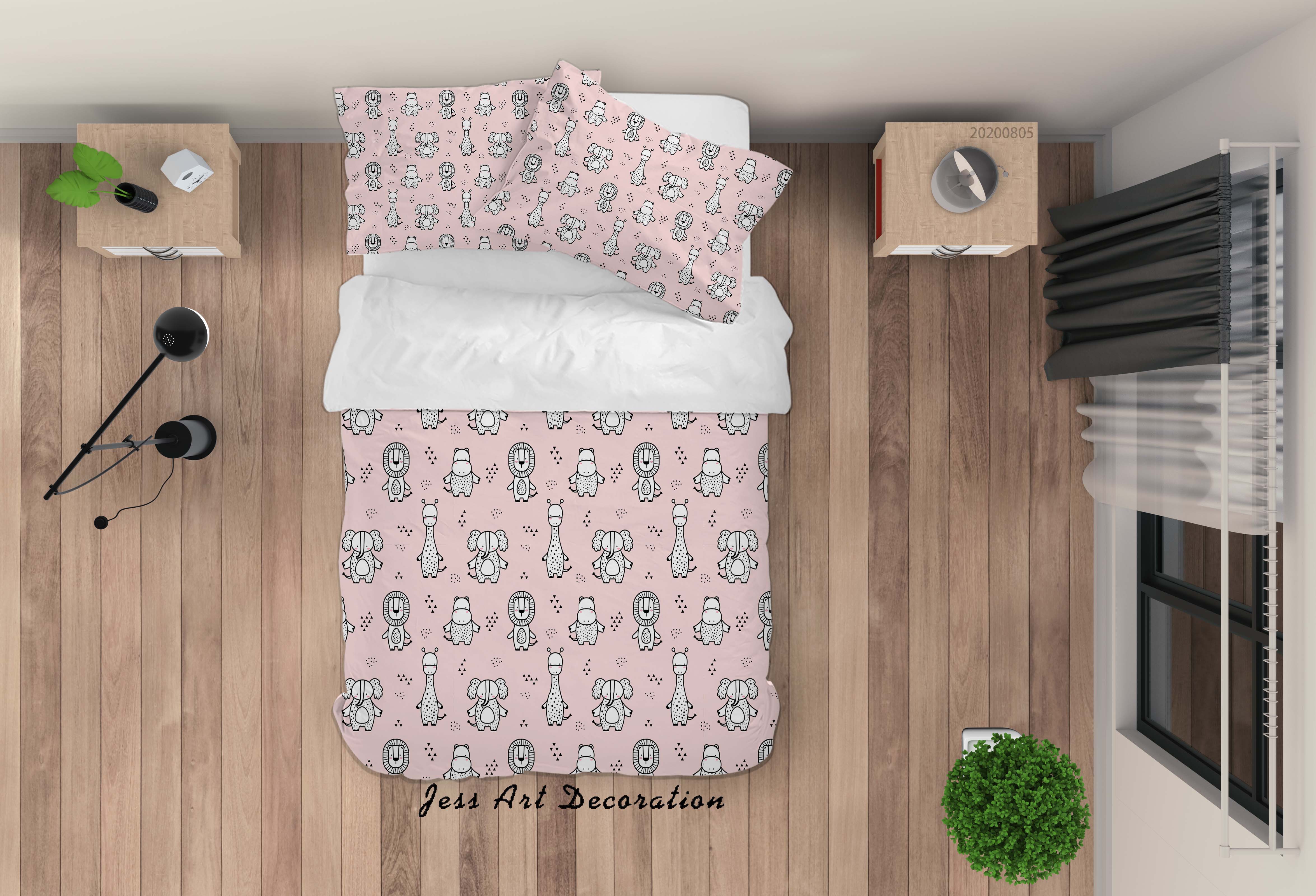 3D Cartoon Lion Giraffe Hippo Pink Quilt Cover Set Bedding Set Duvet Cover Pillowcases Lxl 46