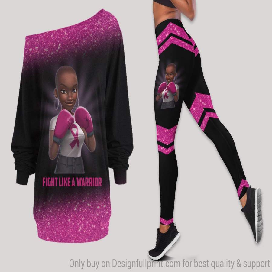 Fight Like A Warrior Breast Cancer Off Shoulder Long Sleeve Top and Leggings Set