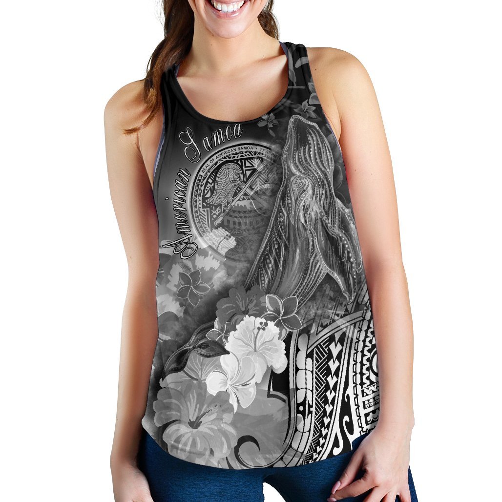 American Samoa Polynesian Women’s Racerback Tank – Humpback Whale with Tropical Flowers (White)- BN18