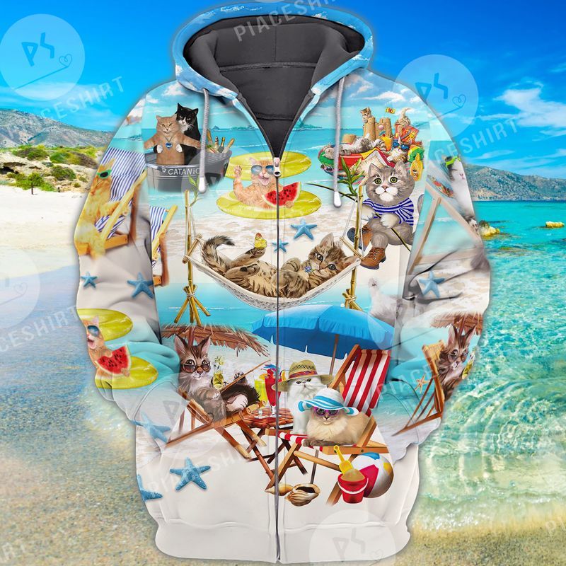 Kittens At The Beach Summer Funny Trending 3D Full Print Zipper Hoodie