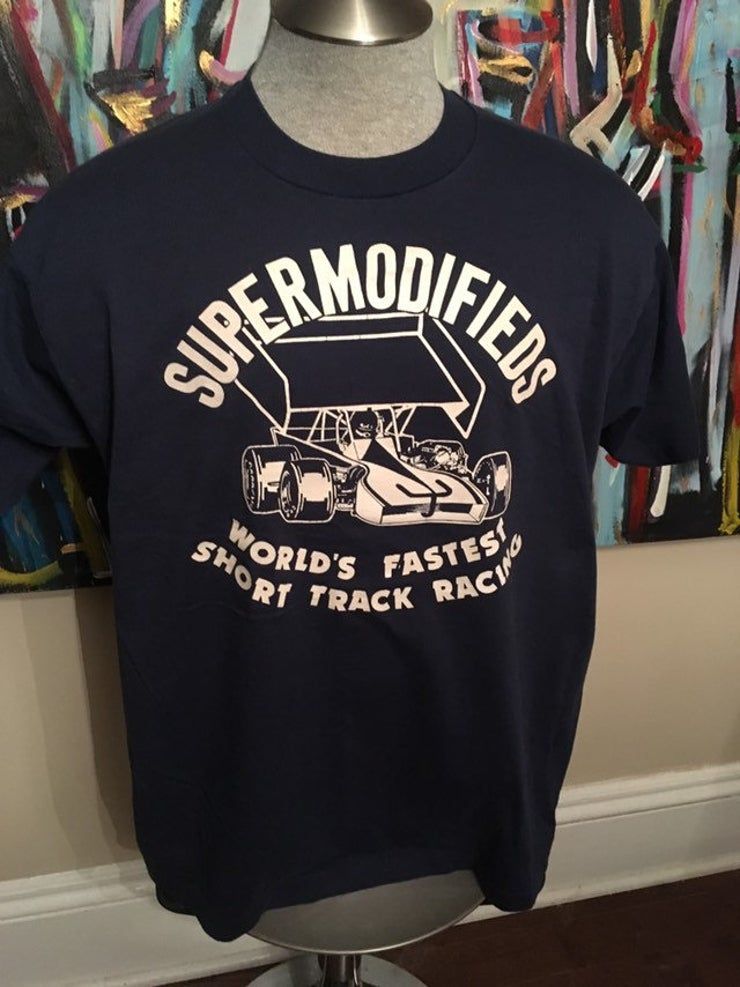 Vintage Supermodifieds Short Track Auto Car Racing Blue Screen Stars 5050 Shirt