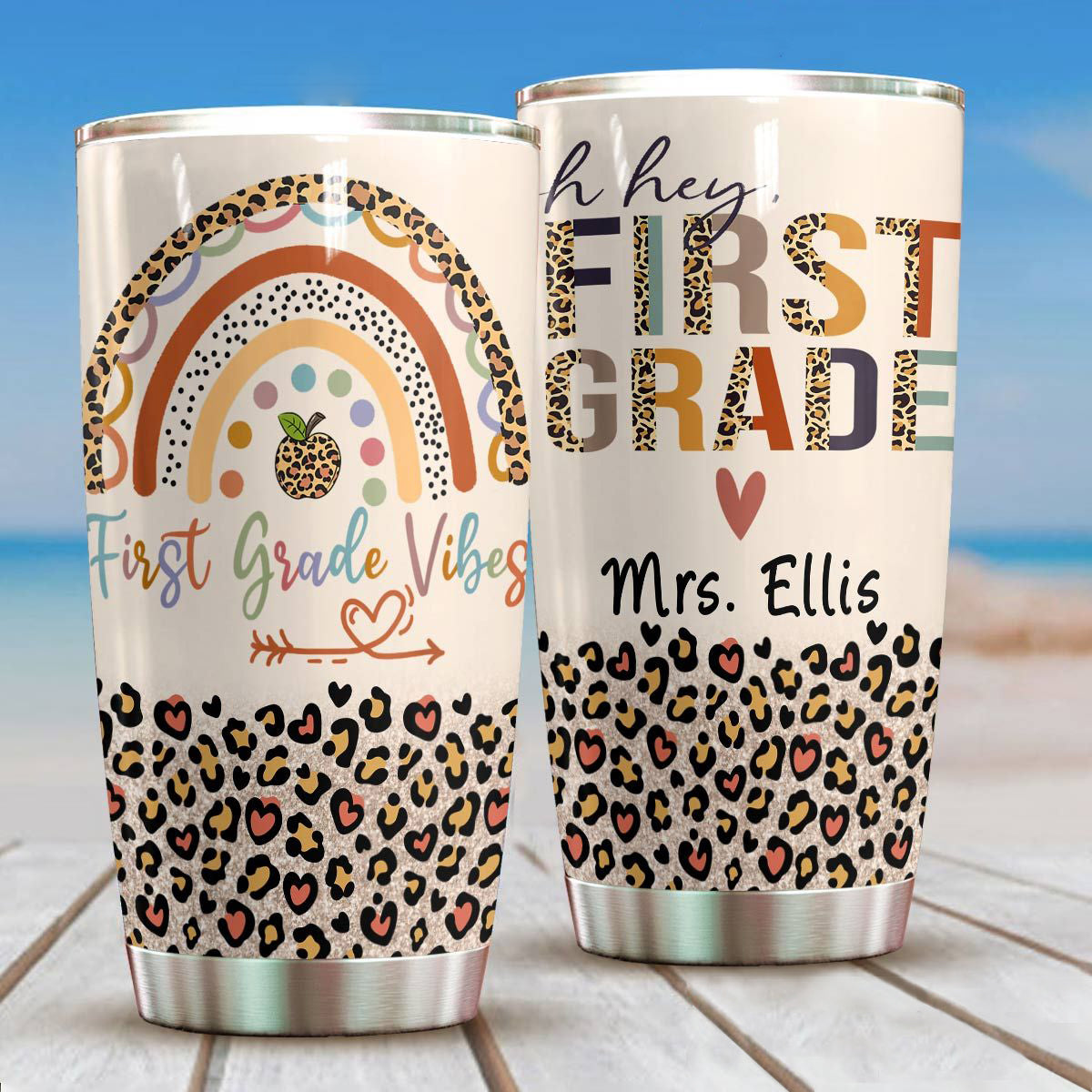 Personalized Travel Cup For Teacher Oh Hey First Grade Boho Leopard Rainbow 20Oz Tumbler Custom Name Back To School Gift