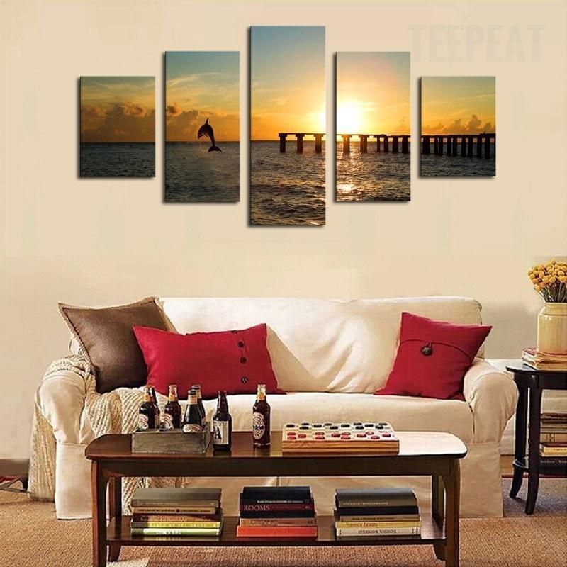 Dolphin Before The Sunset Seascape Animal 5 Panel Canvas Art Wall Decor