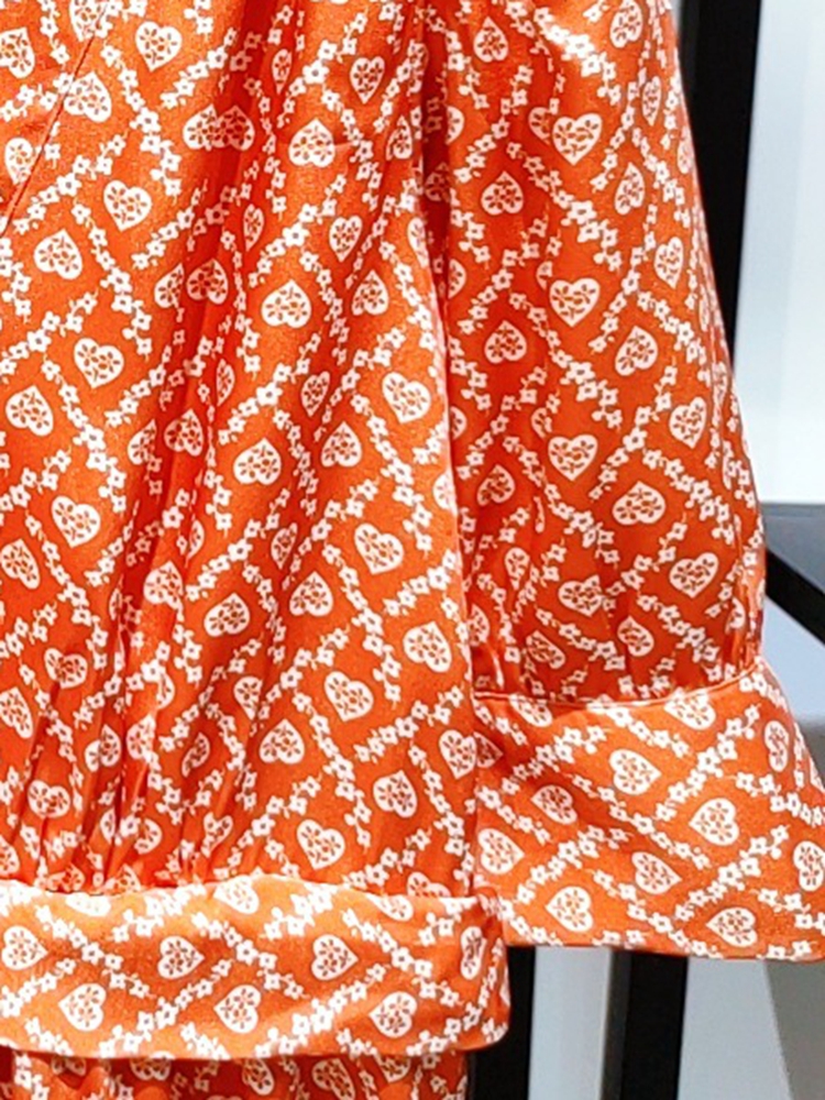 2022 Spring and Summer New Orange Printed V-neck Tie Women Short-sleeved Dress Midi Dress alx