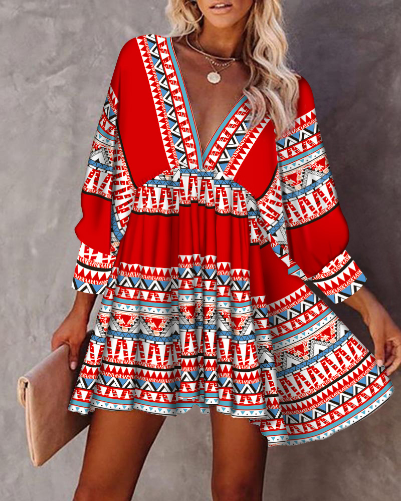 Autumn All Over Print V-Neck Fold Pleated Mini Dress 2022 Femme Casual Lace Up Back Flare Sleeve Robe Office Lady Outfits traf alx