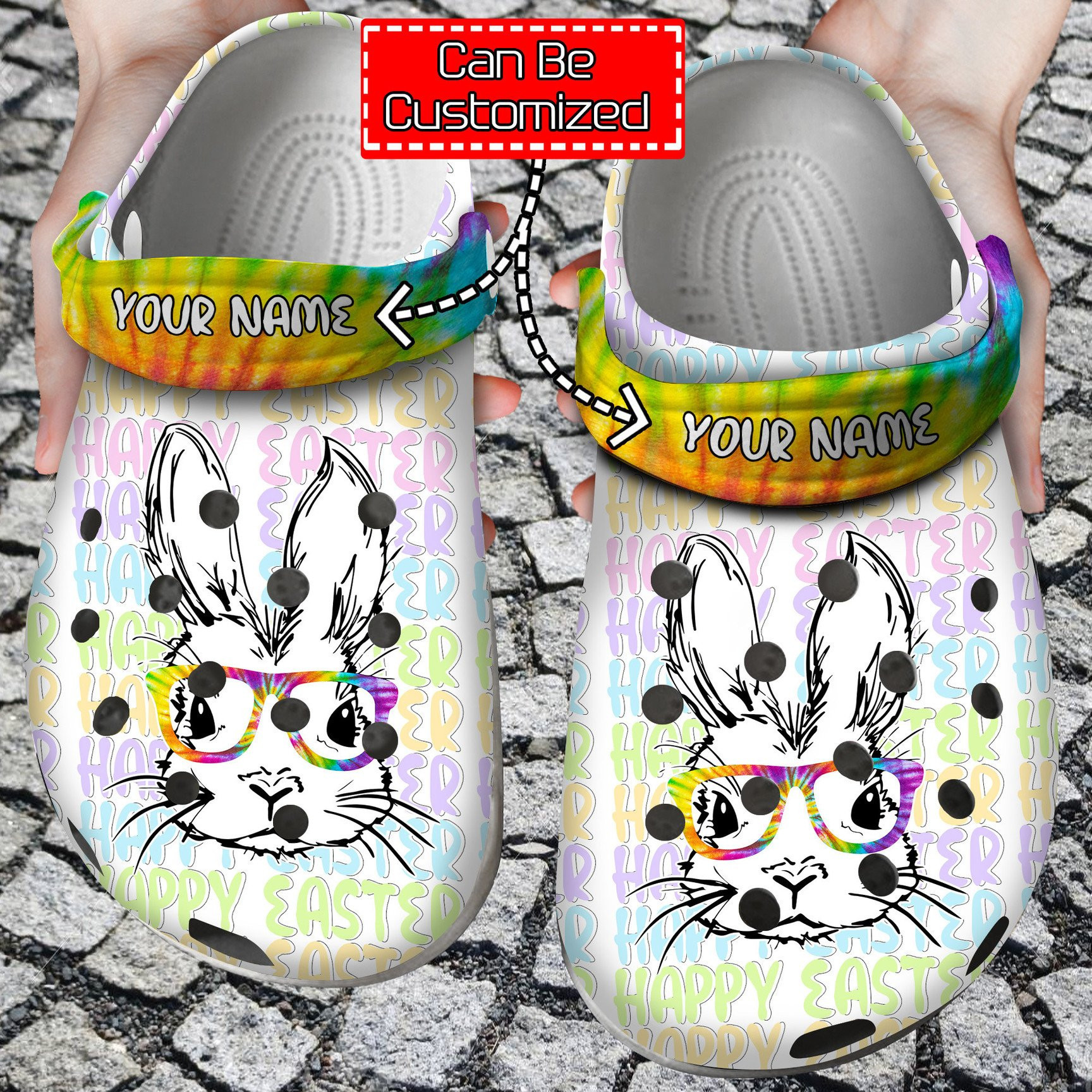 Personalized Easter Bunny Glasses Tye Dye Crocs Clog Shoes Easter Crocs