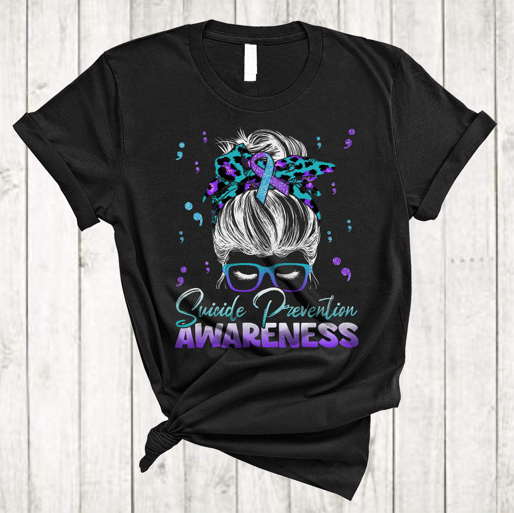 Suicide Prevention Awareness Cool Messy Hair Bun Leopard Suicide Prevention Ribbon Gifts T-Shirt