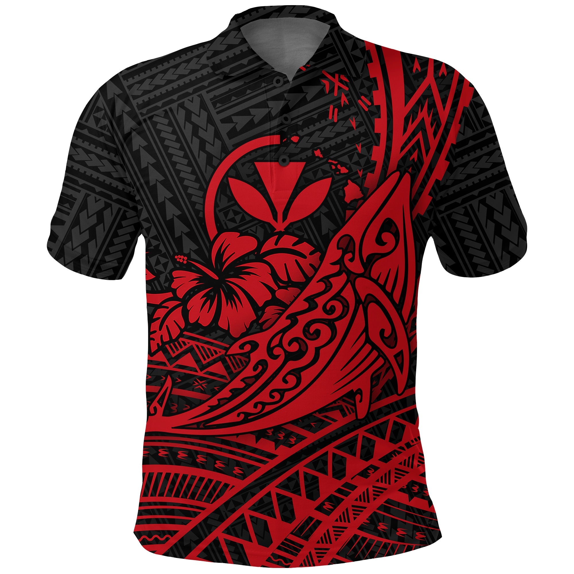 Hawaii Humpback Whale With Hibiscus Tribal Red Polo Shirt – Lt12