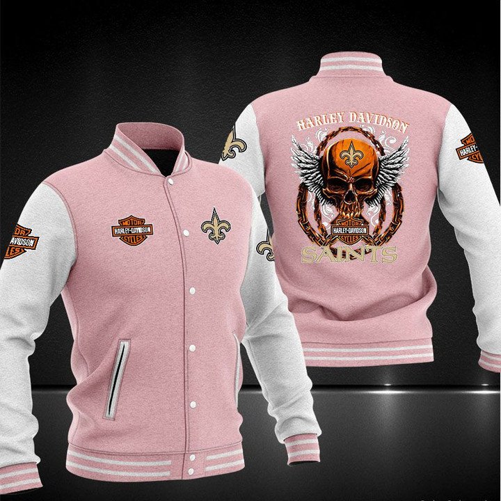 New Orleans Saints Pink Grey Davidson Baseball Jacket