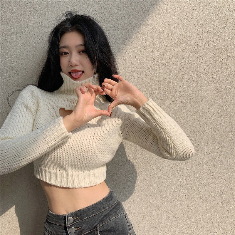 Turtleneck Sweater Women Heart Crop Solid Korean Style Sexy Cute Sweet Winter Ladies Tops Design High Street Harajuku Chic Girls alx