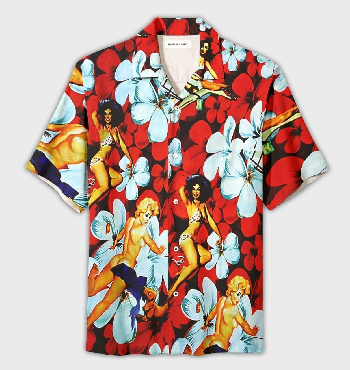 Beach Shirt Sexy Girls Retro Tropical Red Hawaiian Aloha Shirts