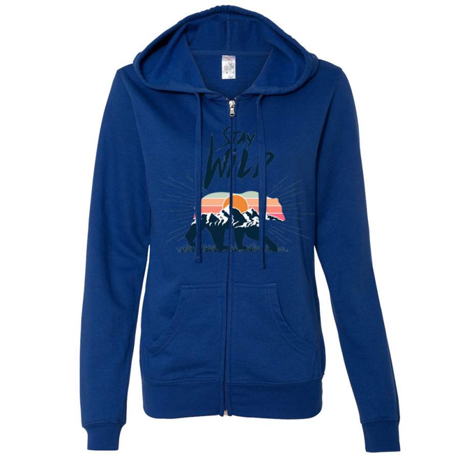 Stay Wild Sunset Bear Ladies Lightweight Fitted Zip-Up Hoodie