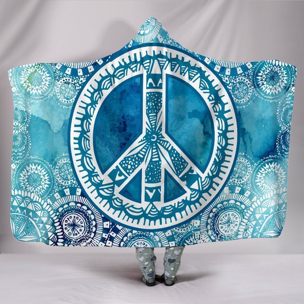 Blue Peace Mandala Hippie Hooded Blanket Gift Idea