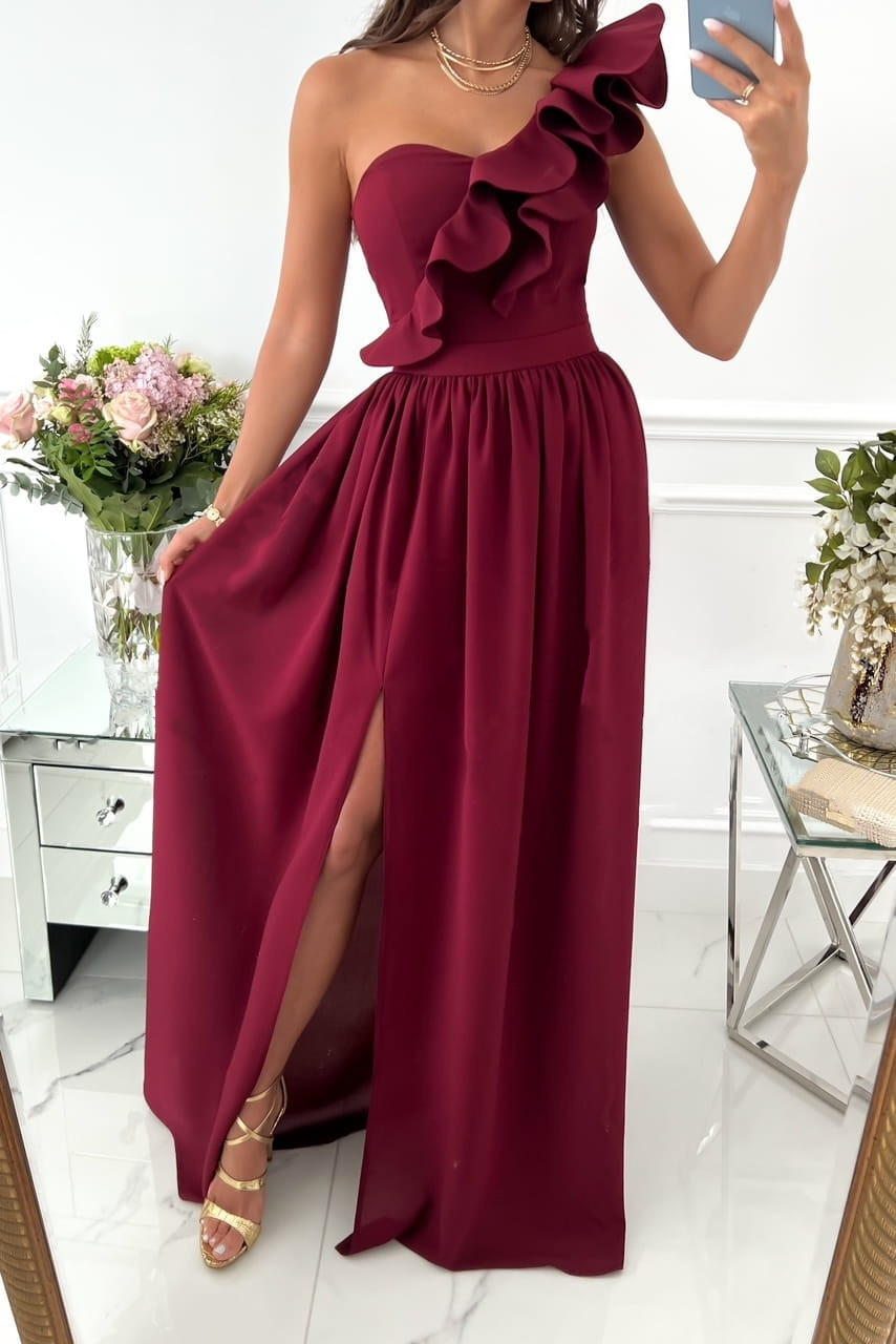 Summer Elegant One Shoulder Cascading Ruffle High Slit Cutout Maxi Party Dress Asymmetric Women Long Wedding Evening Sexy Robes alx