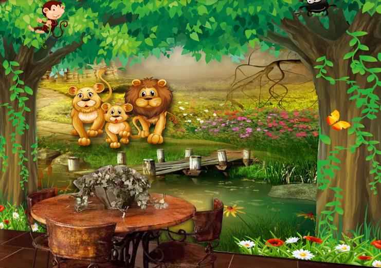 3D Hand Drawn Green Forest Animal Wall Mural Wallpaper Lqh 511