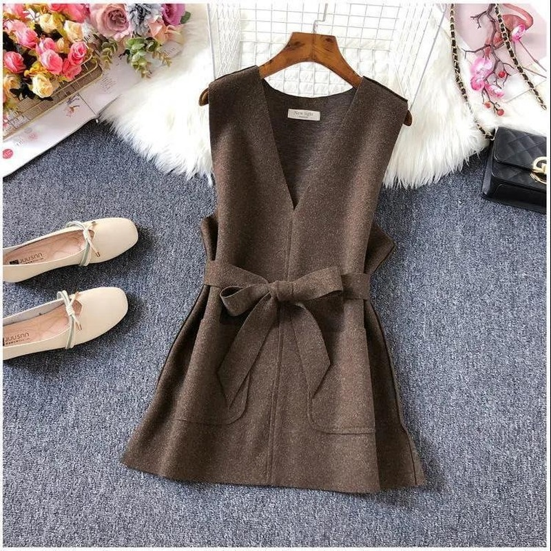 Casual Office Lady Korean Sashes Woolen Vest Women Spring V Neck Waistcoat with Belt Female Chic Simple Sleeveless Vest Y193 alx