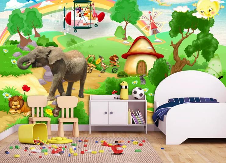 3D Cartoon Forest House Rainbow Animal Wall Mural Wallpaper Lqh 313