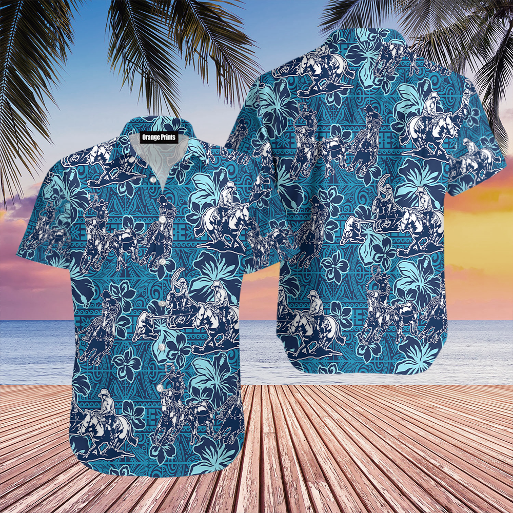 Roping Cowboy Blue Tribal Pattern Hawaii Shirt For Men And Women Ha41080