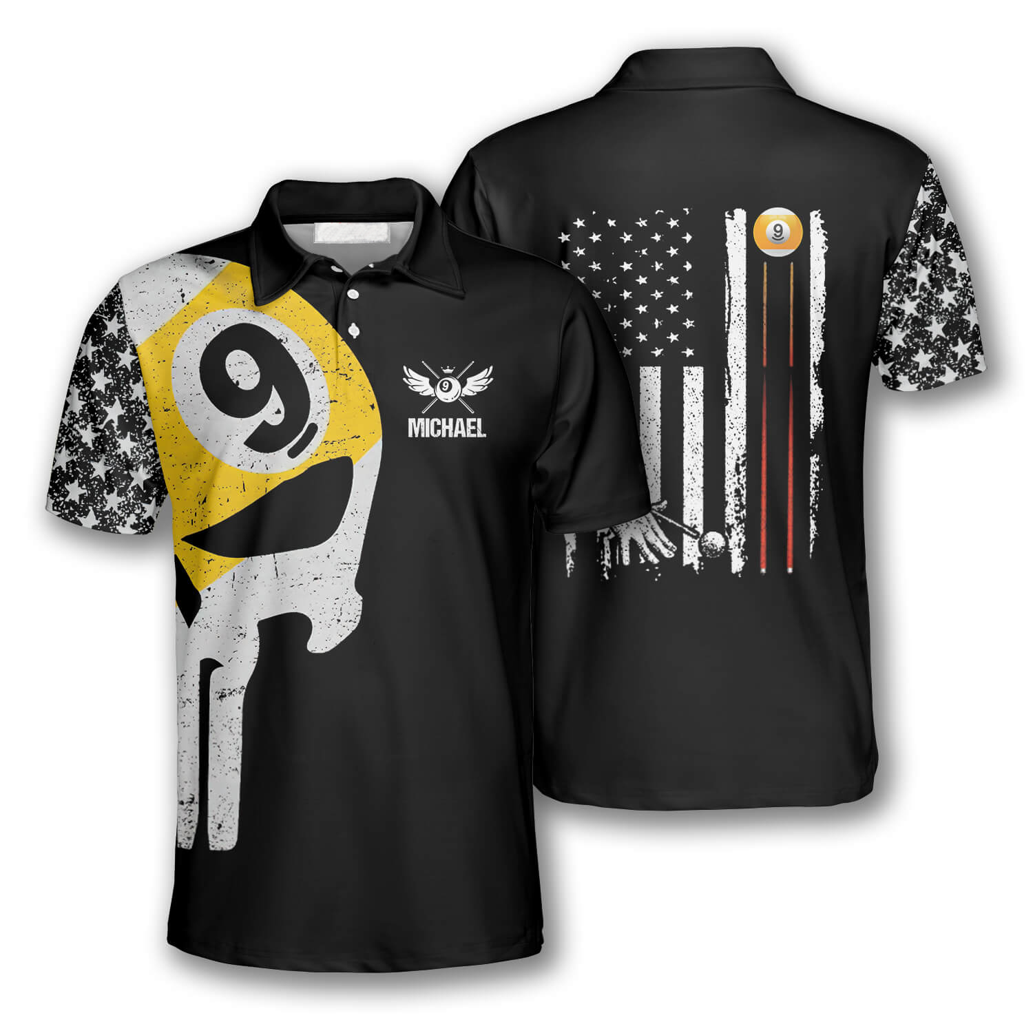 Billiard 9 Ball Skull American Flag Pattern Custom Billiard Polo Shirts For Men, Billiard Shirt Team