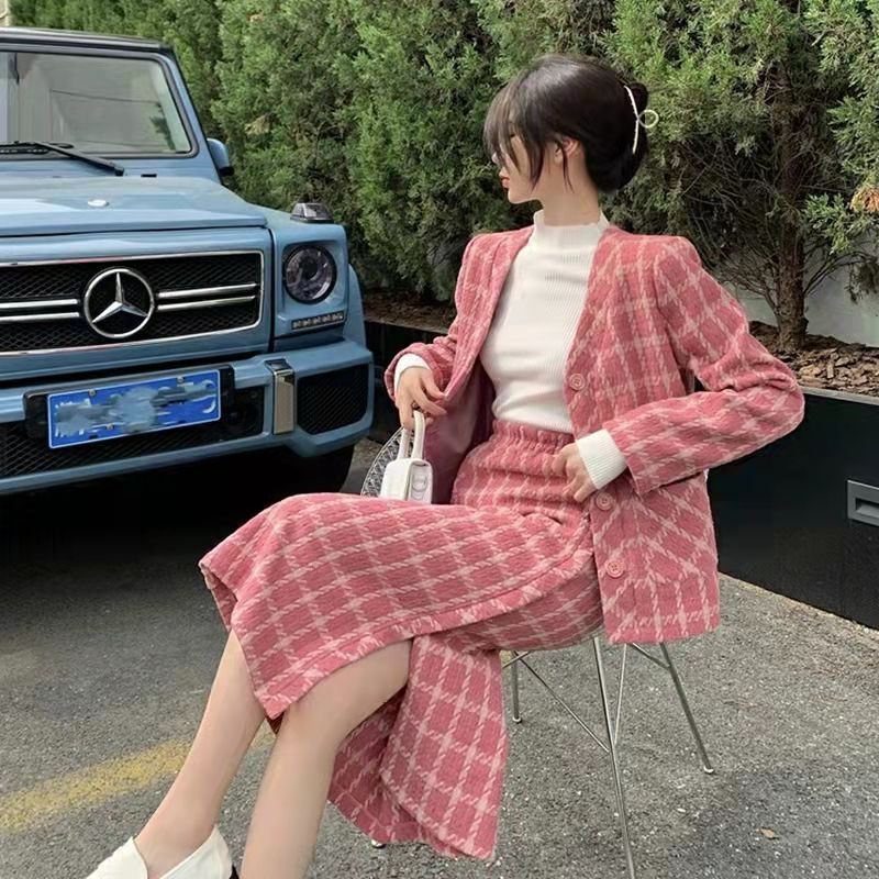 2022 Autumn and Winter New Women Plaid Knitted Cardigan Skirt Suit Two-Piece Set Long Sleeve Vintage Causal Loose Set Skirt alx