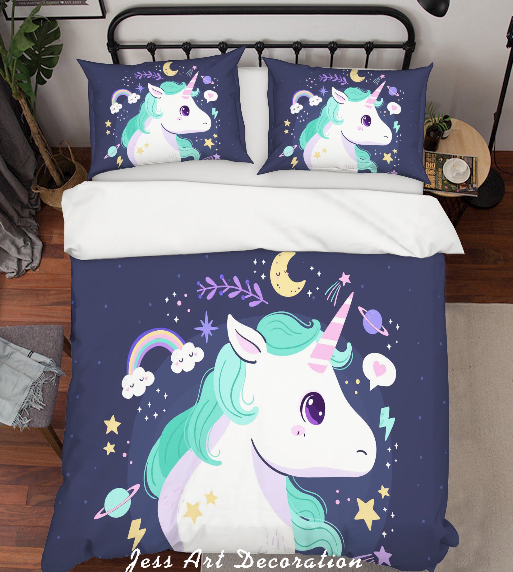 3D Blue Unicorn Rainbow Star Floral Quilt Cover Set Bedding Set Pillowcases 50