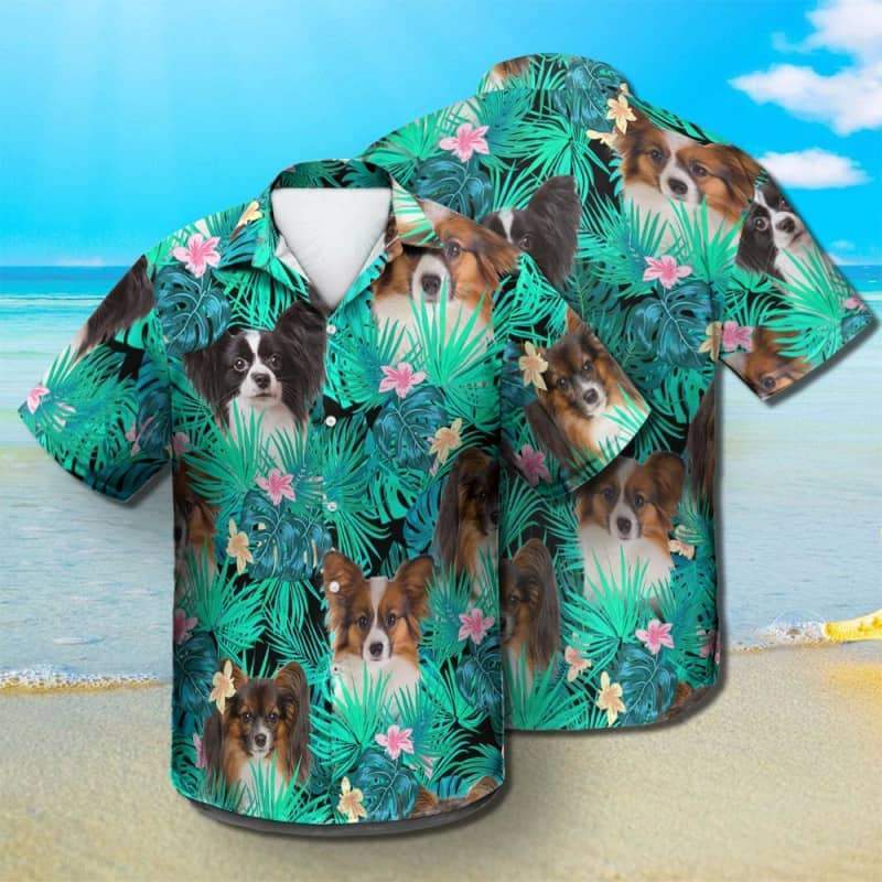 Papillon Hawaiian Shirt, Dog Summer Leaves Hawaiian Shirt, Unisex Print Aloha Short Sleeve Casual Shirt