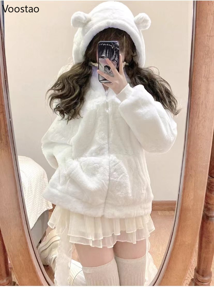 Autumn Winter Harajuku Kawaii Lolita Hoodies Girls Plush Cute Bear Ears Hooded Sweatshirt Women Sweet Korean Loose Warm Coats alx