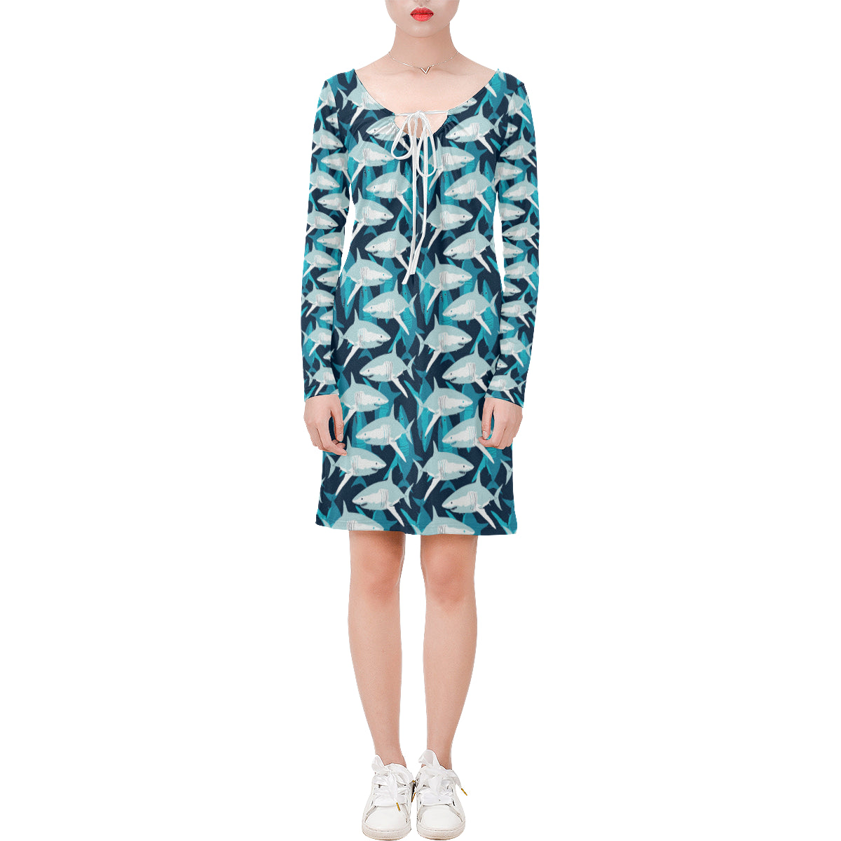 Shark Design Print Long Sleeves Dress