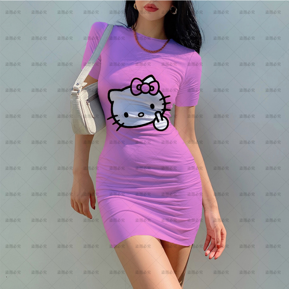 2022 Summer Women’s Hello Kitty Dress Japanese Anime Round Neck Casual Anime Dress Kawaii Girl Dress Nightclub Style Sexy Dress alx