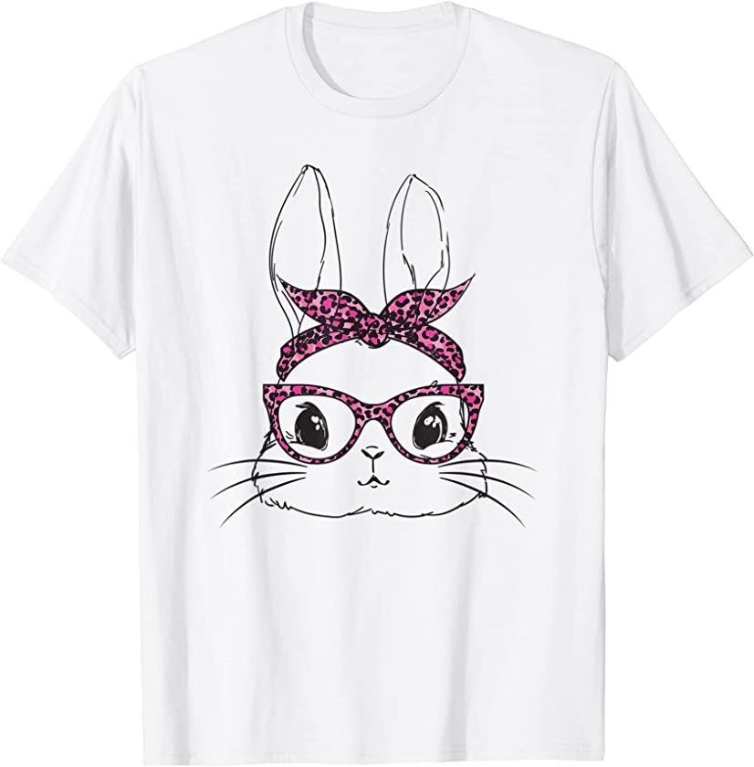 Easter Day Cute Bunny Rabbit Face with Leopard Pink Glasses T-Shirt