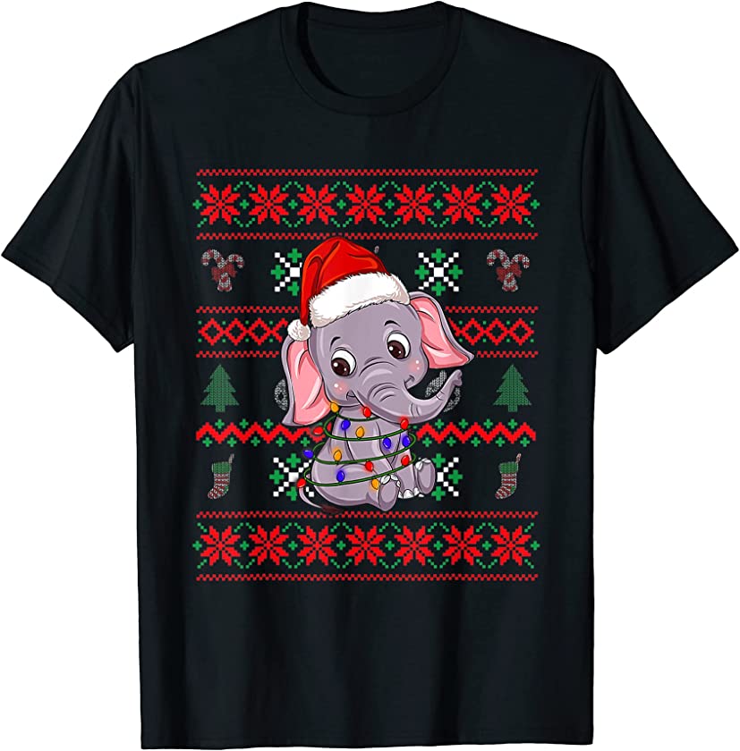 Merry Christmas Sweater Elephant Santa Hat Lights Xmas 2021 T-Shirt