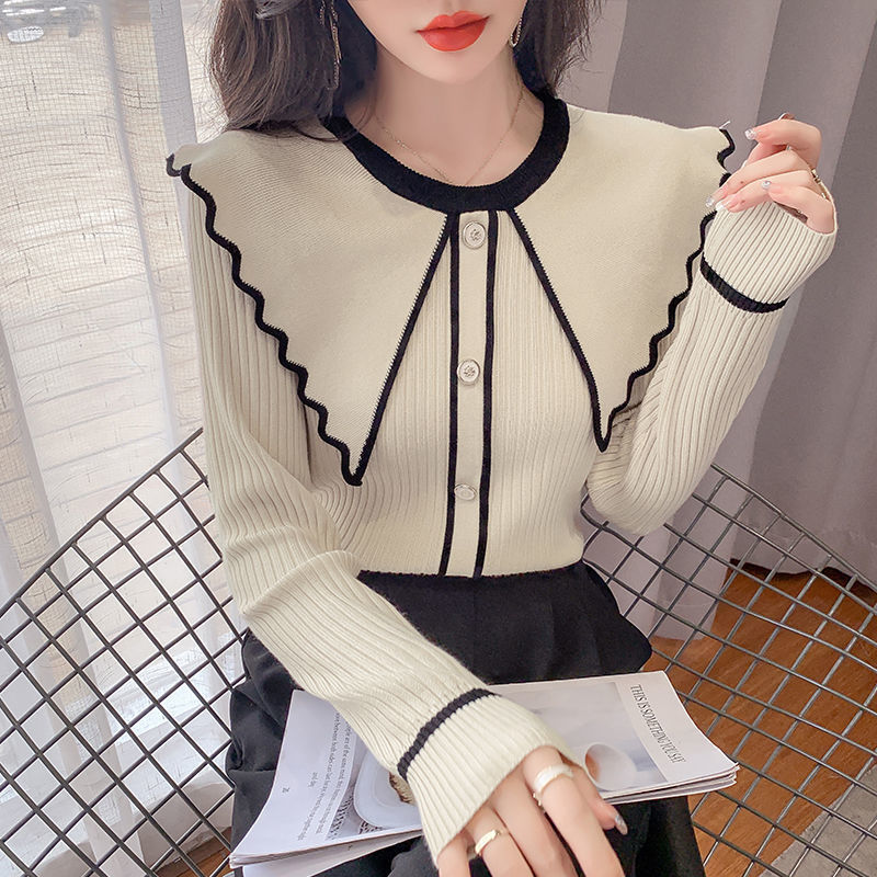 Stylish Peter Pan Collar Button Spliced Ruffles Sweater Women’s Clothing 2022 Autumn New Casual Pullovers All-match Sweet Tops alx