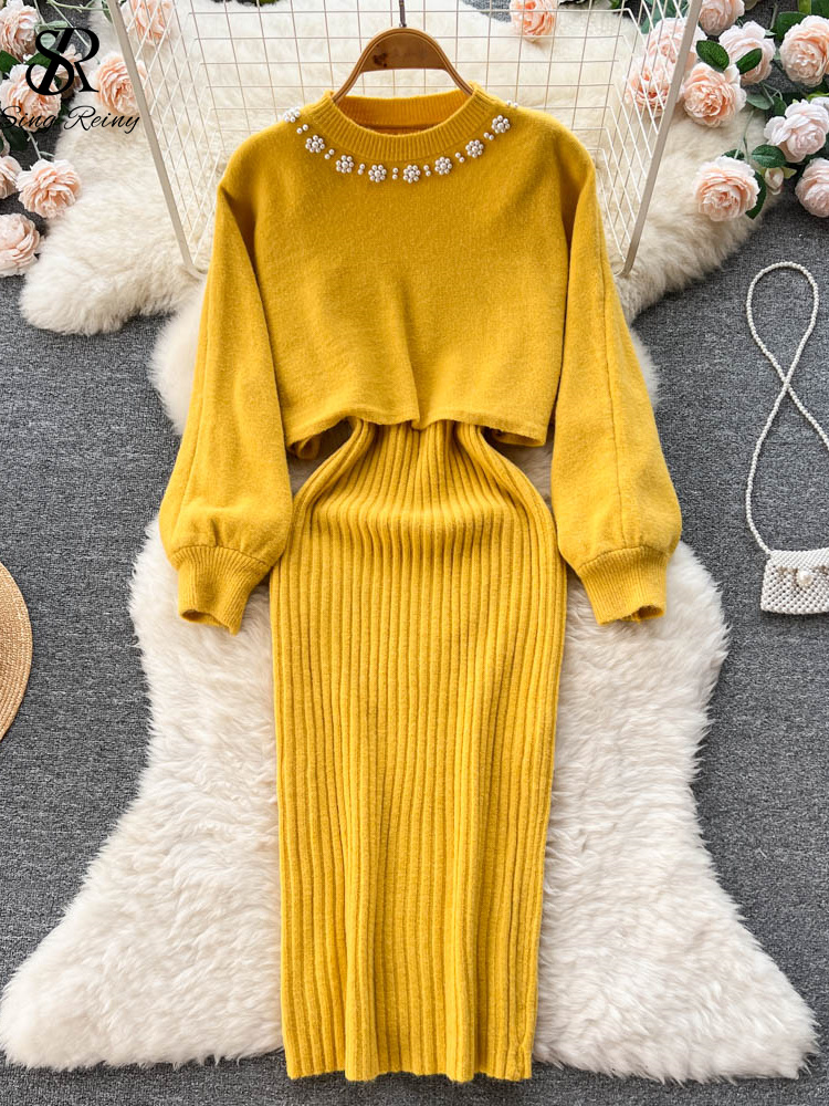 SINGREINY Winter Women Knitted Sets Fashion Breading Long Sleeve Pearl Sweater+Knitted Camis Dress Sets Fashion Sweater Suits alx