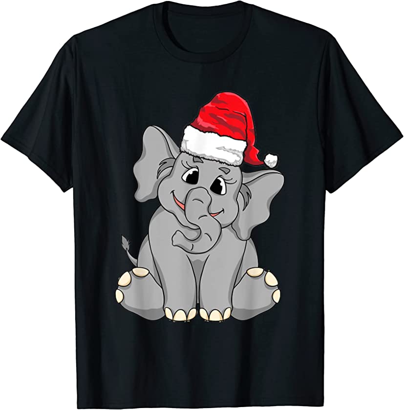 Santa Hat-Wearing Baby Elephant Funny Christmas Holiday T-Shirt