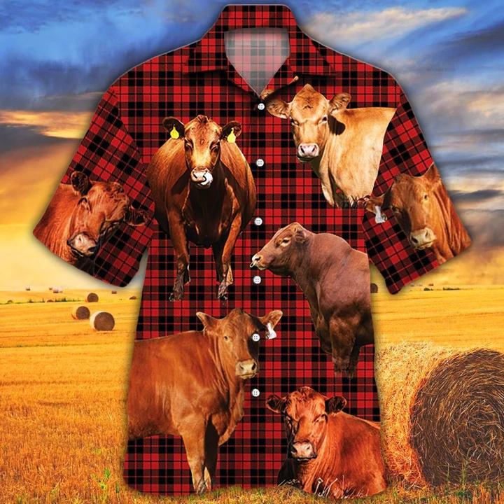 Red Angus Cattle Lovers Red Tartan Pattern Hawaiian Shirt – Animal Hawaiian Shirt, Cow Aloha Shirt, Gift For Cow Lovers