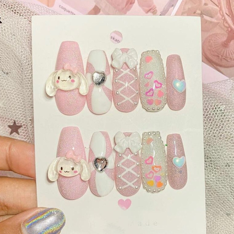 Pink Puppy Press On Nails/ Cute Pink bow Press On Nails Cute Nails Melody Nails Gel Nails Y2K Nails Kawaii Nails Japanese Princess nail #217