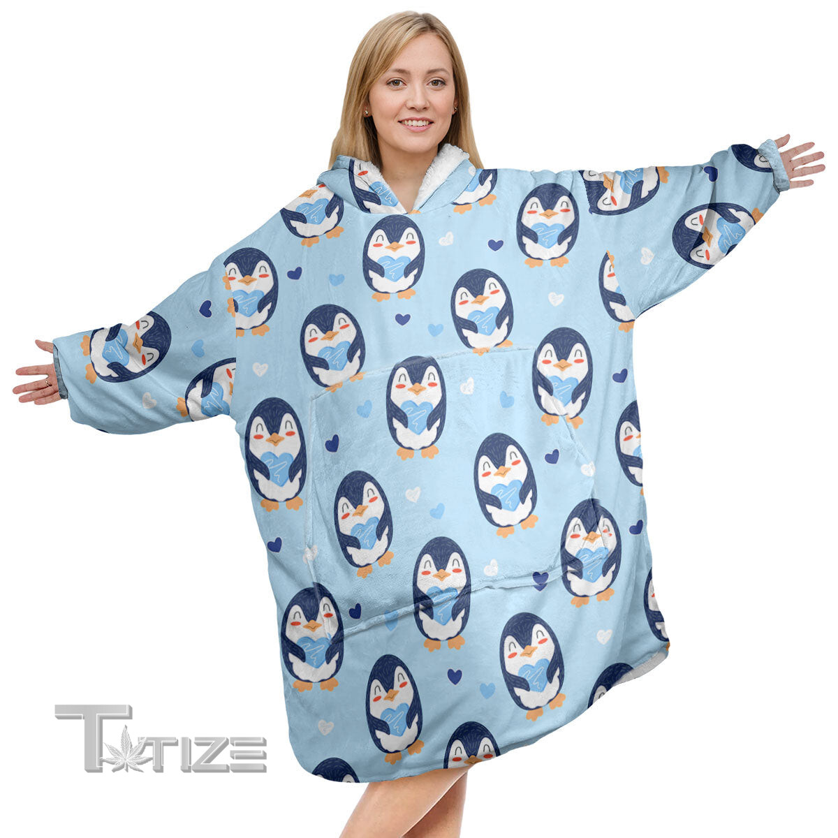 Penguin Heart Pattern Style Christmas Oodie Oversized Hoodie Blanket