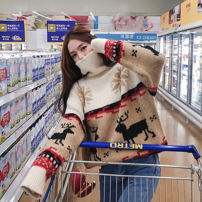 Christmas Sweater Women Snowflake Elk Turtleneck Autumn Winter Jumper Loose Thicken Pullovers Warm Vintage Harajuku Coat V769 alx