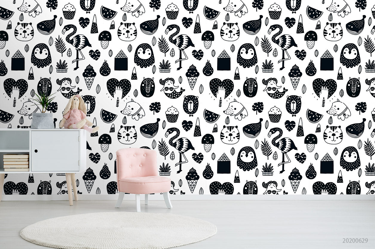 3D Black Cartoon Animal Fruit Wall Mural Wallpaper A424 Lqh